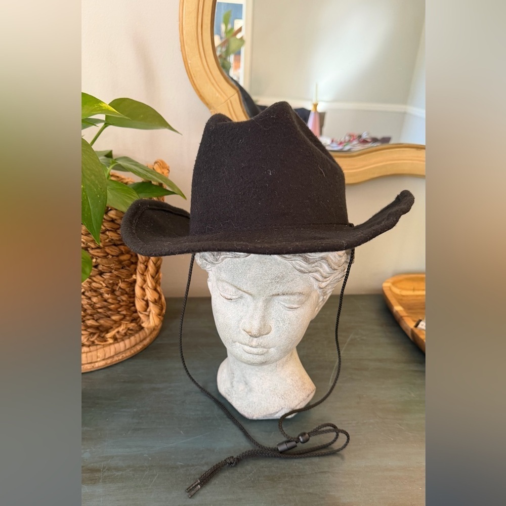 Scala Kids black wool felt cowboy hat. Chin ties in black.
